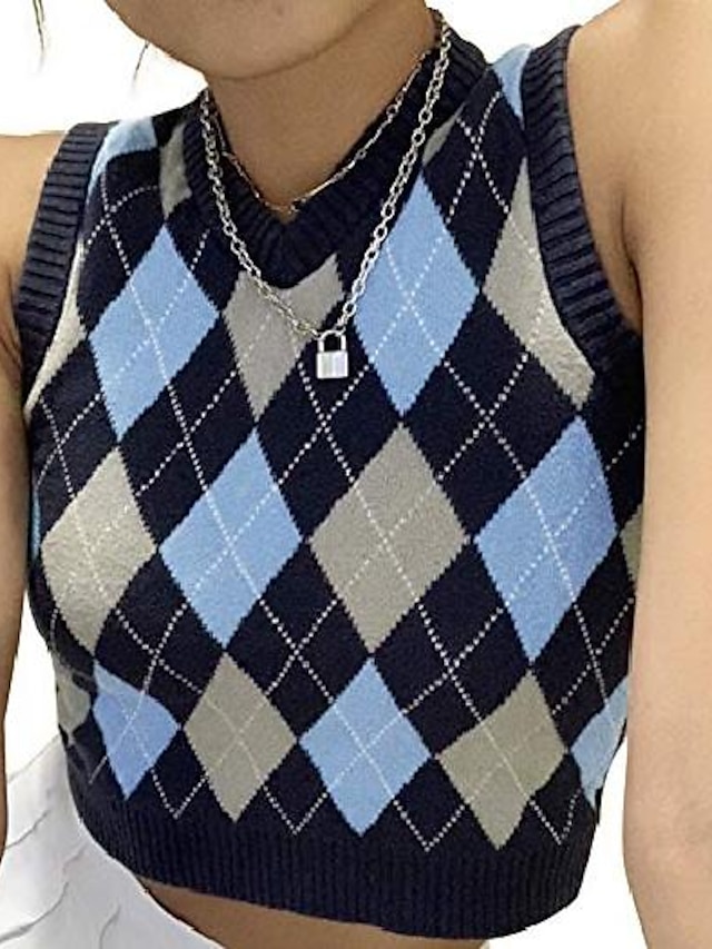  sweater vest for women argyle plaid crop sweaters sleeveless preppy style knitted tank tops blue small