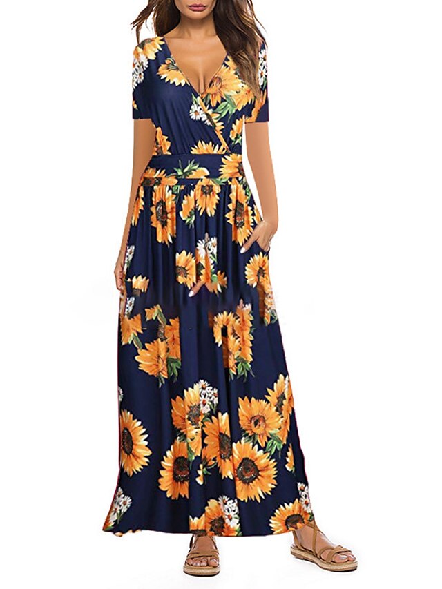 Mujer Vestido estilo camiseta Vestido largo maxi Rosa azul marino Girasol  amarillo Rosa burdeos Flores rosadas sobre fondo azul Negro Vino Tinto Gris  Azul Oscuro Manga Corta Flor Frunce Primavera 8753516 2022 – $21.07
