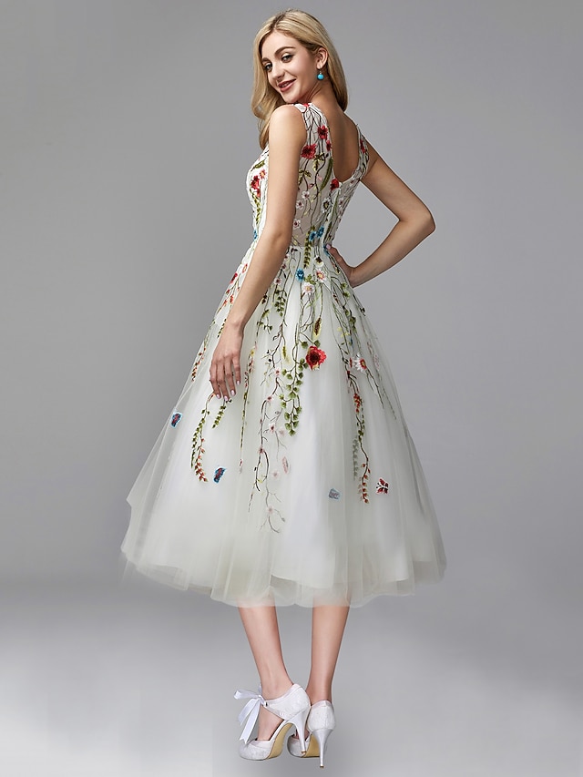 Elegant Round Neck Formal A-Line Flowers Tea-Length Open Back Sleeveless Prom Dress/Dress For Formal