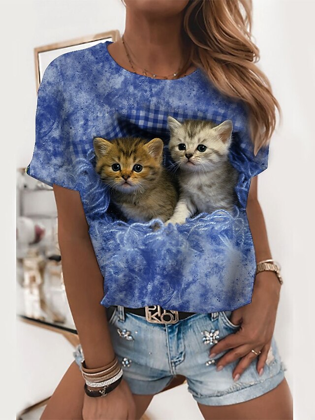 Women's T shirt Tee Black Blue Light Blue Graphic Cat Print Short ...