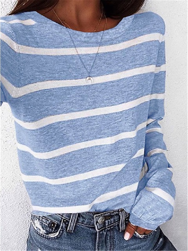 Womens Clothing Womens Tops | Womens Daily T shirt Tee Striped Long Sleeve Round Neck Basic Tops Blue Gray S - CH99215