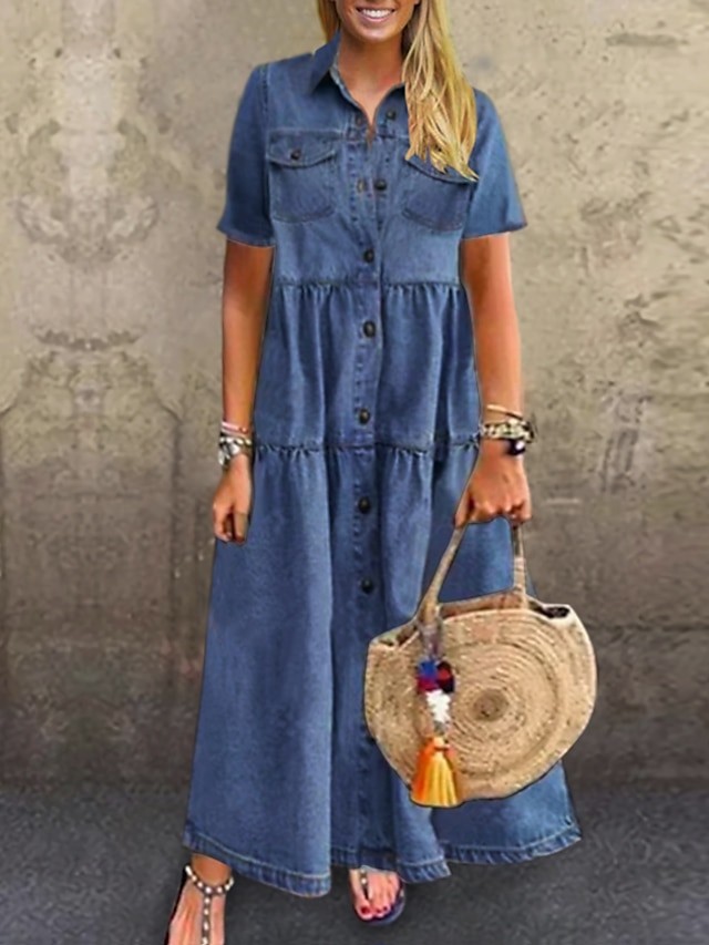 Womens Clothing Plus Size Collection | Womens Plus Size Dress Denim Shirt Dress Maxi long Dress Short Sleeve Patchwork Casual Su