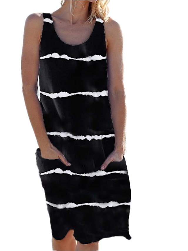 Women's Shift Dress Midi Dress Black White Wine Sleeveless Striped ...