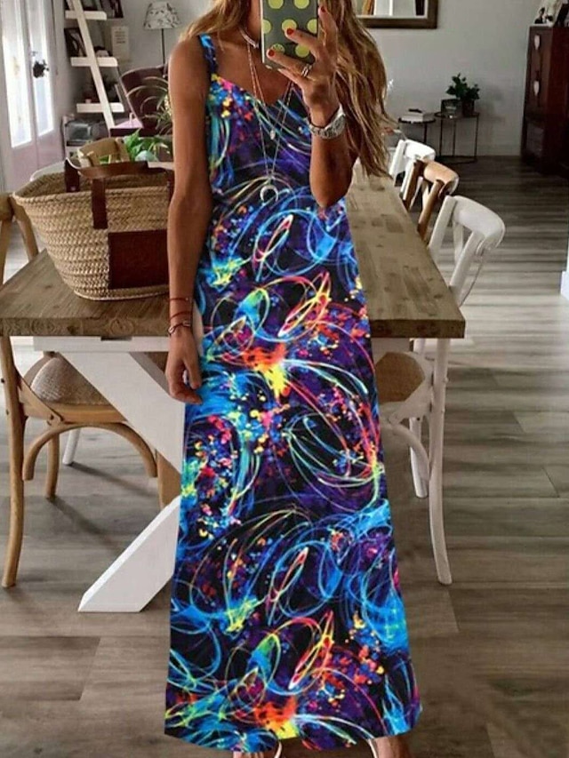 Womens Clothing Womens Dresses | Womens Loose Maxi long Dress Sleeveless Print Summer V Neck Casual 2022 S M L XL XXL 3XL 4XL 5X