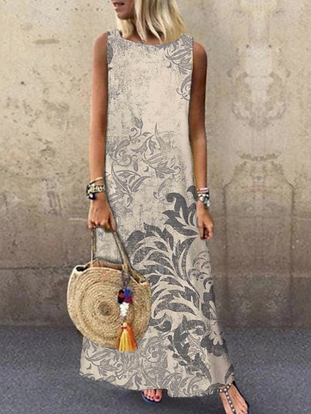  jurk met bloemenprint lange jurk maxi-jurk beige mouwloos print lente zomer ronde hals 2023 s m l xl xxl 3xl