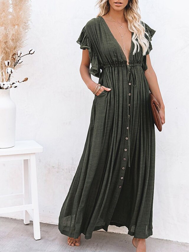 Womens Clothing Womens Dresses | Womens Shift Dress Maxi long Dress Short Sleeve Solid Color Spring & Summer Casual 2022 One-Siz