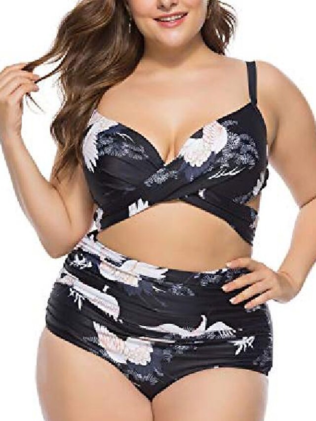 Womens Clothing Womens Swimwear | Womens Swimwear Bikini 2 Piece Plus Size Swimsuit High Waist Push Up for Big Busts Print Pictu