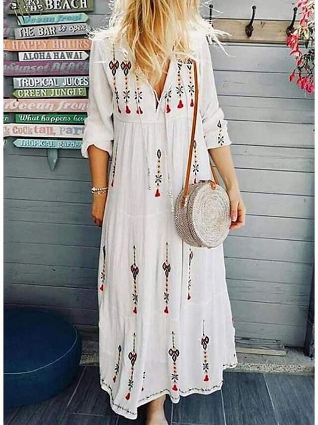 Womens Clothing Womens Dresses | Womens Shift Dress Maxi long Dress 3/4 Length Sleeve Pattern Flower Print Spring Summer V Neck 