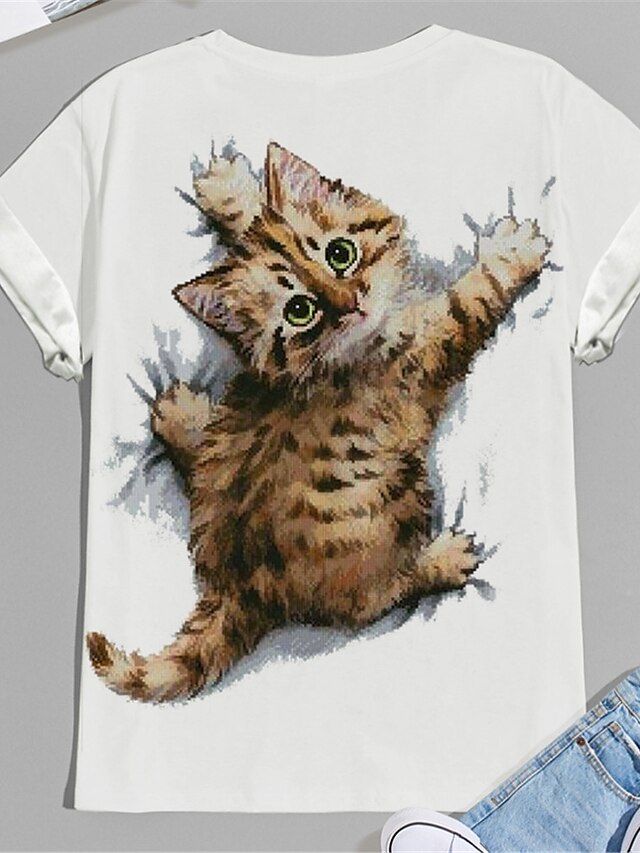 Womens Clothing Plus Size Collection | Womens Plus Size Tops T shirt Cat Graphic Print Short Sleeve Crewneck Basic Daily Cotton 