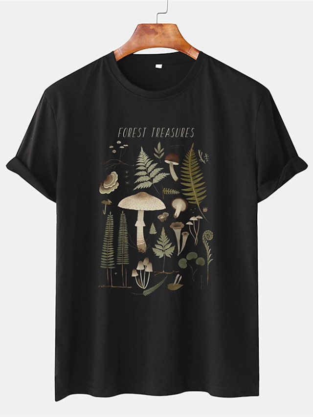  Mushrooms And Ferns Black Mens 3D Shirt For Holiday | Summer Cotton | Plants Tee Men'S Graphic Blend Big Tall Esencial Short Sleeve Comfortable Casual