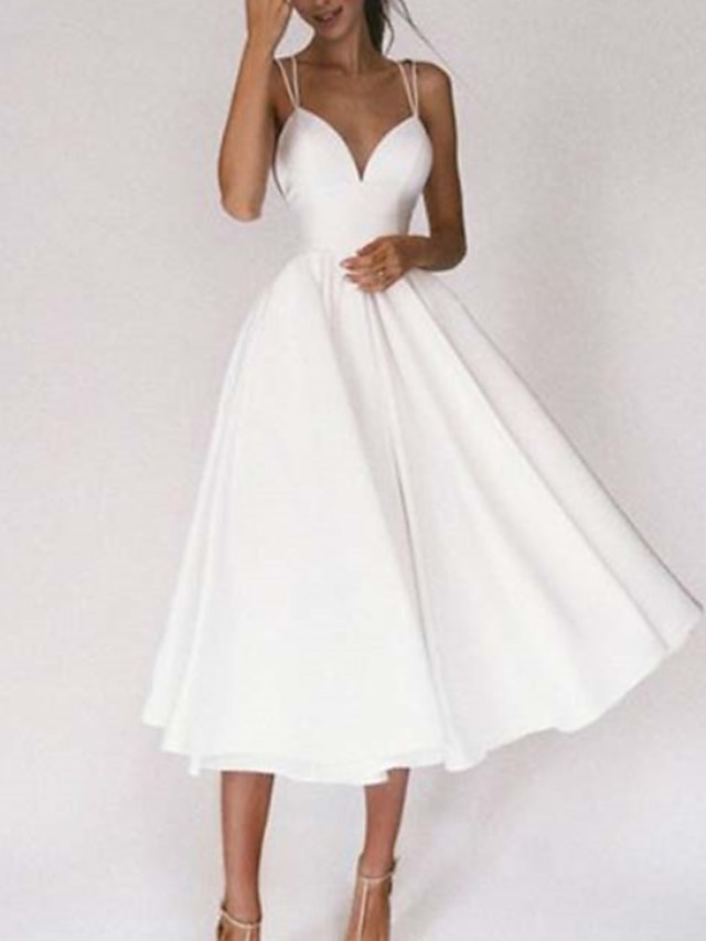  Mennyegző Kis fehér szoknyák Esküvői ruhák A-vonalú Szív-alakú Spagetti pántos trikó Spagetti pántok Midi Sifon Menyasszonyi ruhák Val vel Rakott 2024