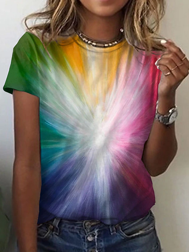 Women's T Shirt Basic Color Block Print Short Sleeve Regular Tops Round Neck Daily Weekend Yellow Red Blue Green Rainbow 6
