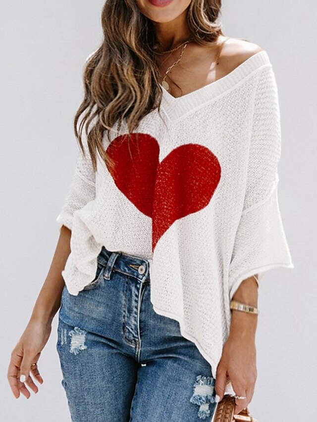 Womens Clothing Sweaters & Cardigans | Womens Pullover Jumper Knit Knitted Heart V Neck Stylish Drop Shoulder Fall Spring Almond