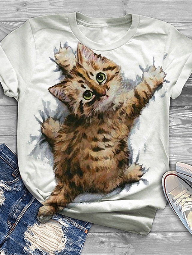 Womens Clothing Plus Size Collection | Womens Plus Size Tops T shirt Cat Graphic Print Short Sleeve Crewneck Basic Daily Cotton 