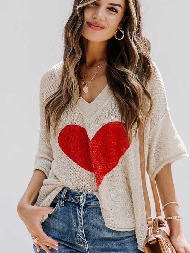 Womens Clothing Sweaters & Cardigans | Womens Pullover Jumper Knit Knitted Heart V Neck Stylish Drop Shoulder Fall Spring Almond