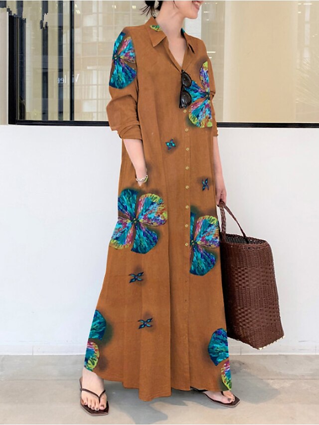 Womens Clothing Womens Dresses | Womens Loose Maxi long Dress Long Sleeve Floral / Botanical Button Spring Summer Vintage Casual