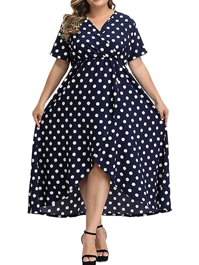 Womens Clothing Plus Size Collection | Womens Plus Size Swing Dress Polka Dot V Neck Ruffle Short Sleeve Spring Summer Hot Fashi