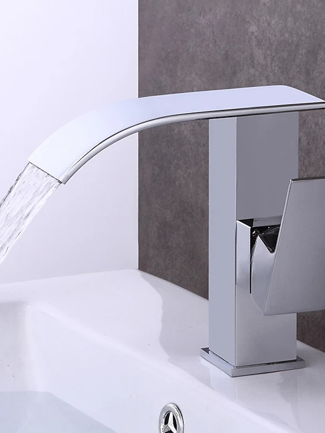  Grifo de lavabo de baño de cascada de latón de estilo moderno, grifos de baño de un solo orificio electrochapados en cromo blanco con interruptor de frío y calor