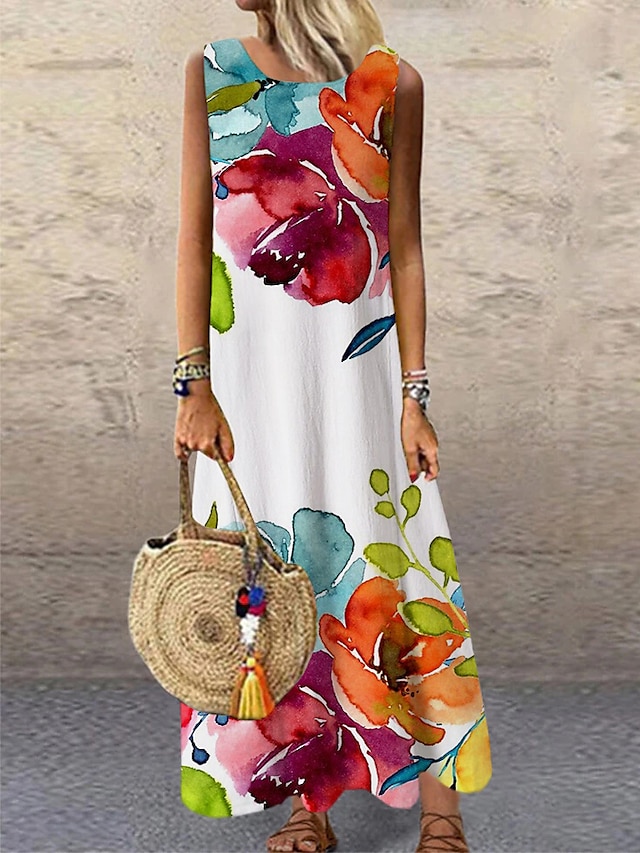  Women's Casual Dress Shift Dress Long Dress Maxi Dress Rainbow Sleeveless Floral Print Fall Spring Summer Crew Neck Fashion Daily 2023 S M L XL XXL 3XL