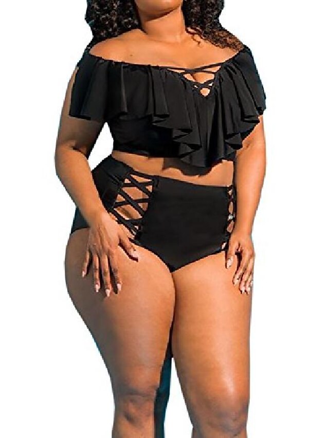  Women's Swimwear Bikini 2 Piece Plus Size Swimsuit Hollow Out High Waist for Big Busts Solid Color figure 1 figure 2 image 3 Figure 4 Figure 5 Bathing Suits New Casual
