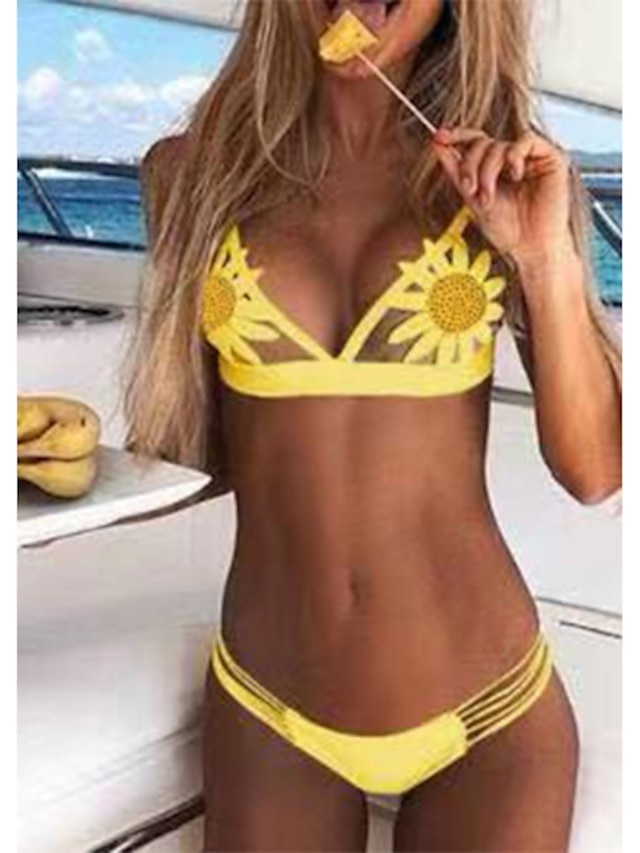 Womens Clothing Womens Swimwear | Womens Swimwear Bikini Normal Swimsuit Slim Solid Colored Yellow+flower Black+flowers White Bl