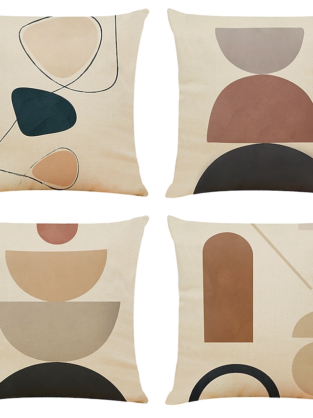 4 pcs Faux Linen Pillow Cover, Simple Classic Print Geometric Modern Zipper Square Traditional Classic