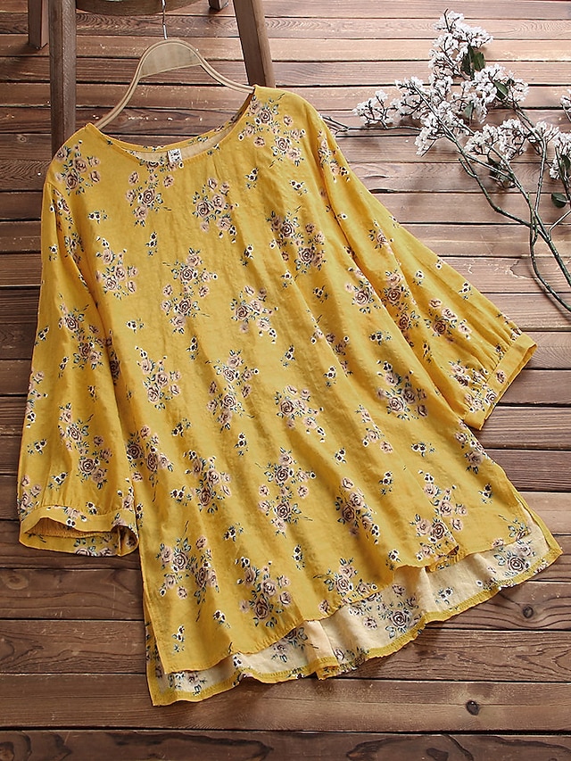  Women's Plus Size Tops Blouse Shirt Floral 3/4 Length Sleeve Round Neck Hot Causal Daily Cotton And Linen Spring Summer Yellow Blushing Pink