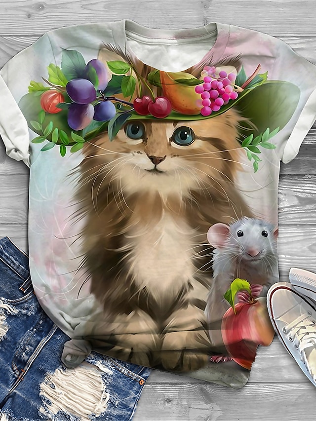  Women's Plus Size Tops T shirt Cat Graphic Short Sleeve Print Basic Crewneck Cotton Spandex Jersey Daily Holiday White