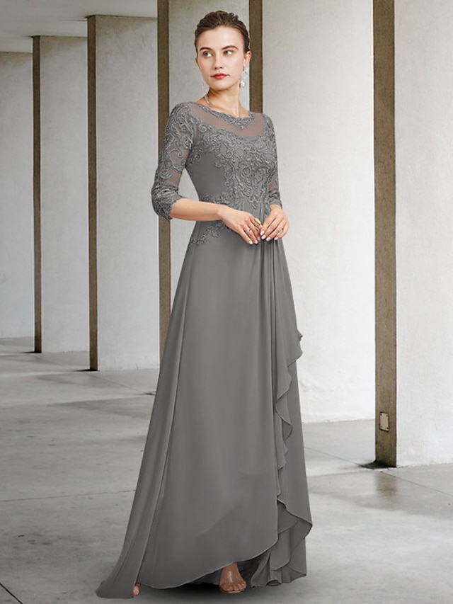  A-Line Mother of the Bride Dress Elegant High Low Jewel Neck Floor Length Chiffon Lace Half Sleeve with Pleats Ruffles Appliques 2023