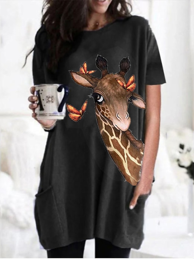  Women's T shirt Dress Tunic Graphic Giraffe Design Round Neck Basic Tops Black Gray Wine