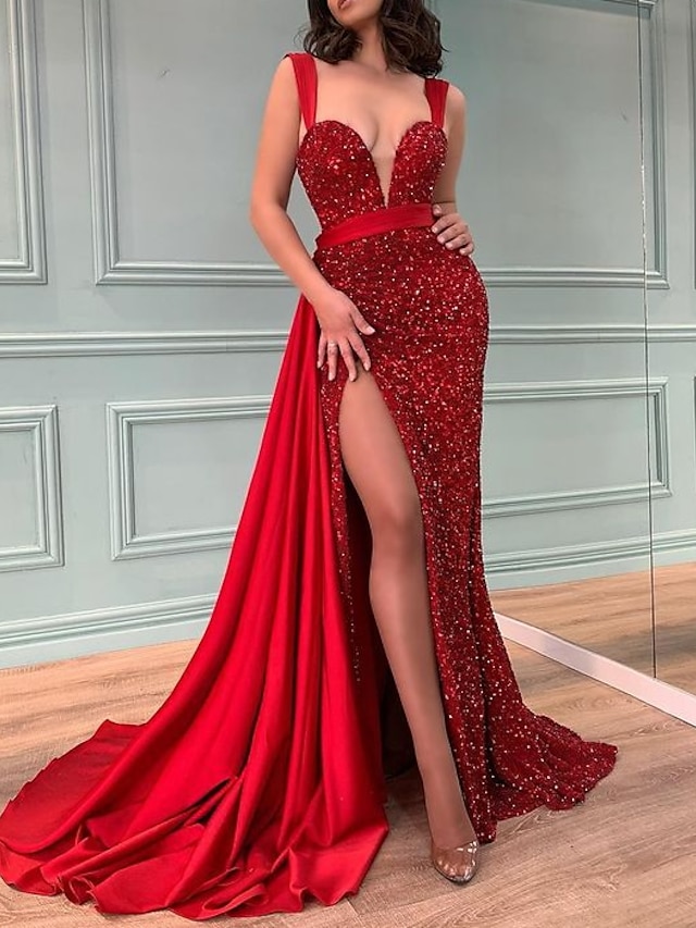  Mermaid / Trumpet Sparkle Sexy Engagement Formal Evening Dress V Neck Sleeveless Sweep / Brush Train Sequined with Split 2021