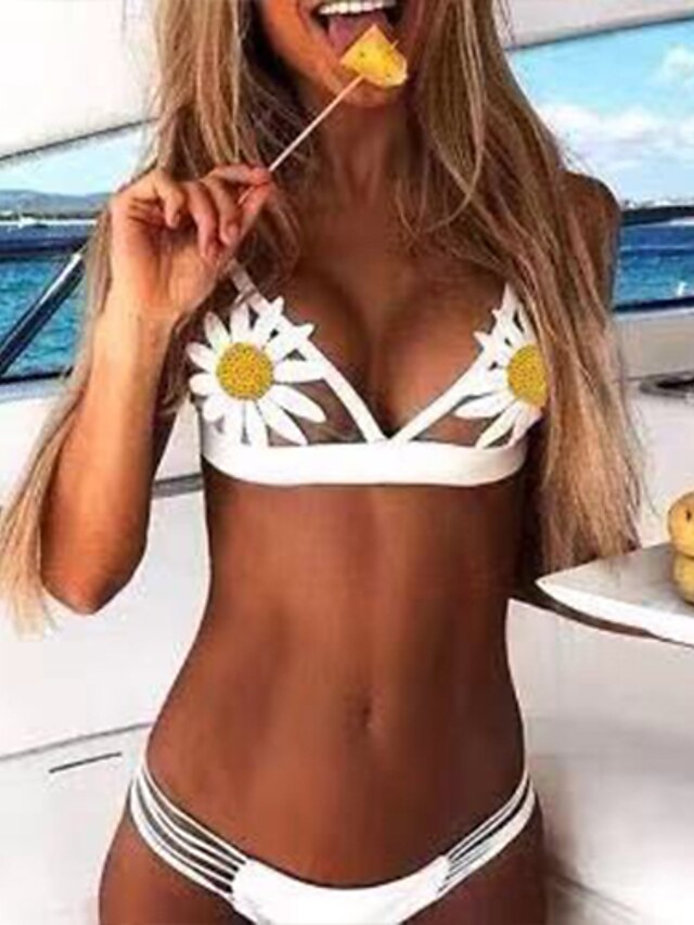 Womens Clothing Womens Swimwear | Womens Swimwear Bikini Normal Swimsuit Slim Solid Colored Yellow+flower Black+flowers White Bl