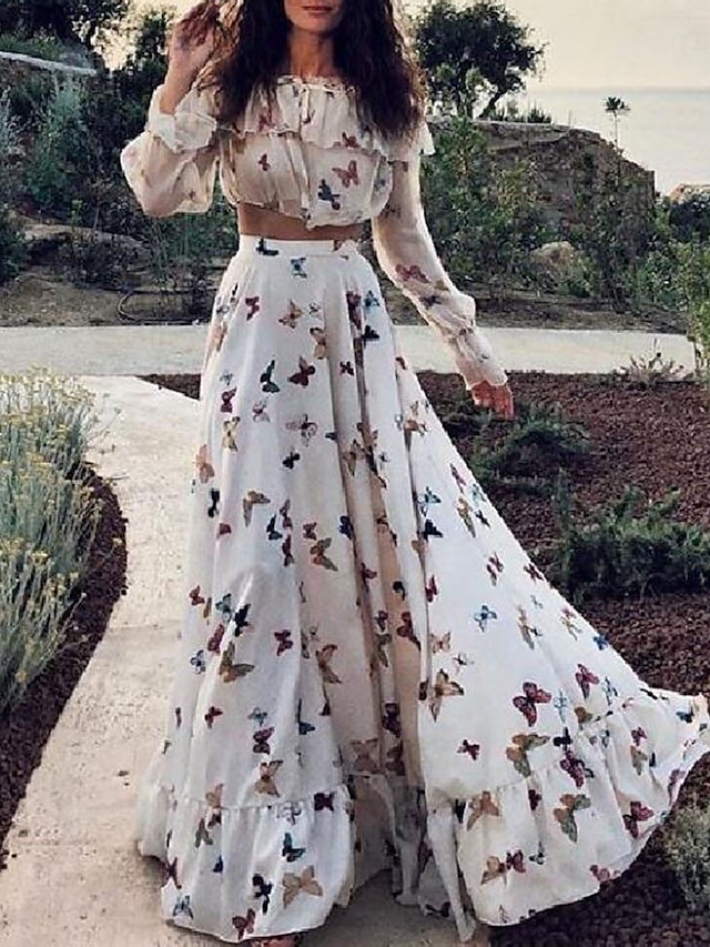 Womens Clothing Womens Dresses | Womens Swing Dress Maxi long Dress White Long Sleeve Print Print Fall Spring Round Neck Sexy Bo