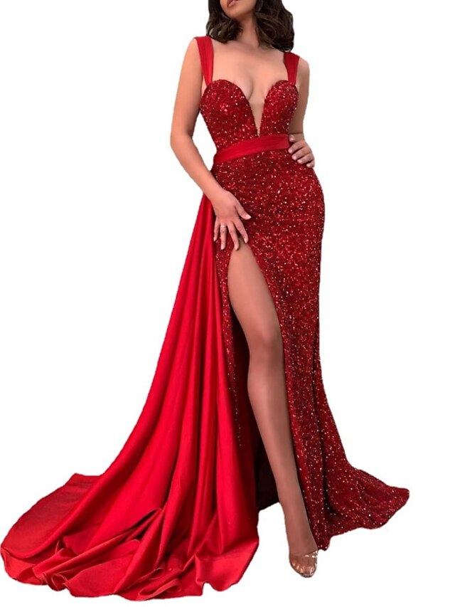  Mermaid / Trumpet Sparkle Sexy Engagement Formal Evening Dress V Neck Sleeveless Sweep / Brush Train Sequined with Split 2021