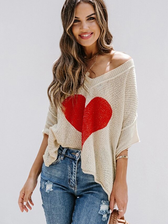 Womens Clothing Sweaters & Cardigans | Womens Pullover Jumper Knit Knitted Heart V Neck Stylish Drop Shoulder Fall Spring Almond