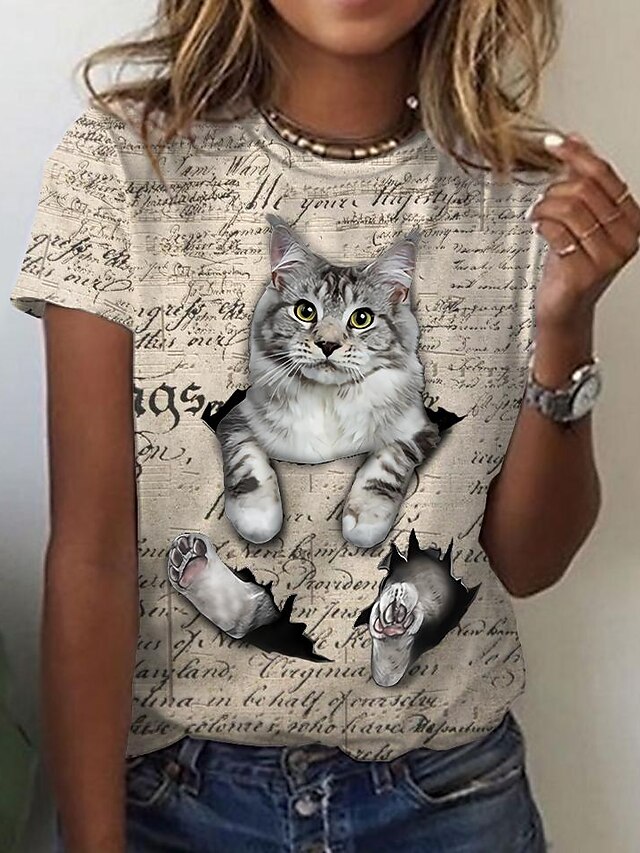  Women's T shirt Tee Cat Graphic Patterned 3D Daily Weekend 3D Cat T shirt Tee Short Sleeve Print Round Neck Basic Essential Vintage White Beige S / 3D Print