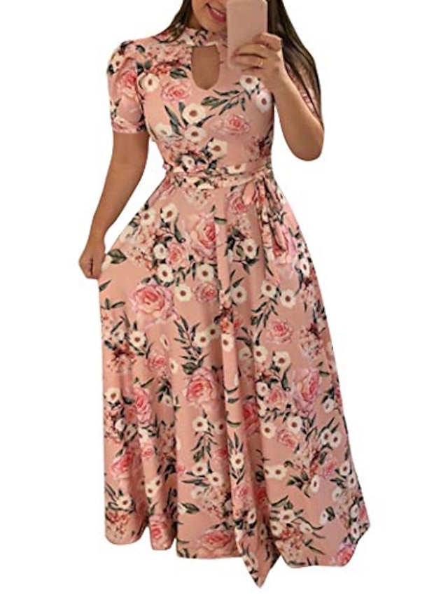 Rambling Women Spring Floral Printed Dress Long Sleeve Maxi Dress with Blets