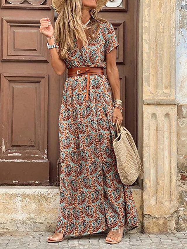  Women's Floral Print Ruffle Belted Surplice Neck Maxi long Dress Bohemia Classic Daily Short Sleeve Summer Spring