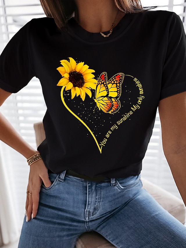  Women's Floral Butterfly Heart Going out Valentine Butterfly Sunflower Short Sleeve T shirt Tee Round Neck Print Basic Essential Tops White Black S / 3D Print