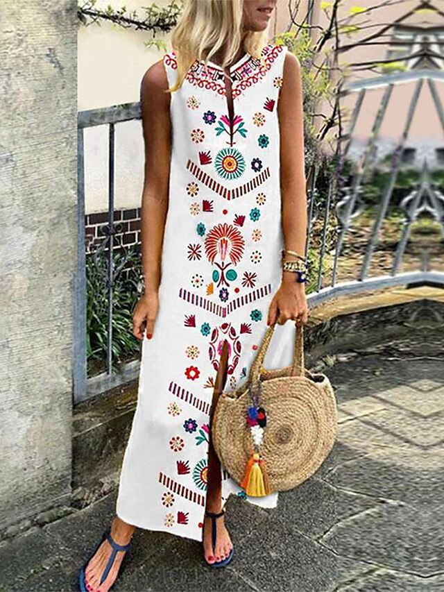 Womens Clothing Womens Dresses | Womens Shift Dress Maxi long Dress White Black Sleeveless Floral Summer Casual Slim 2022 S M L 