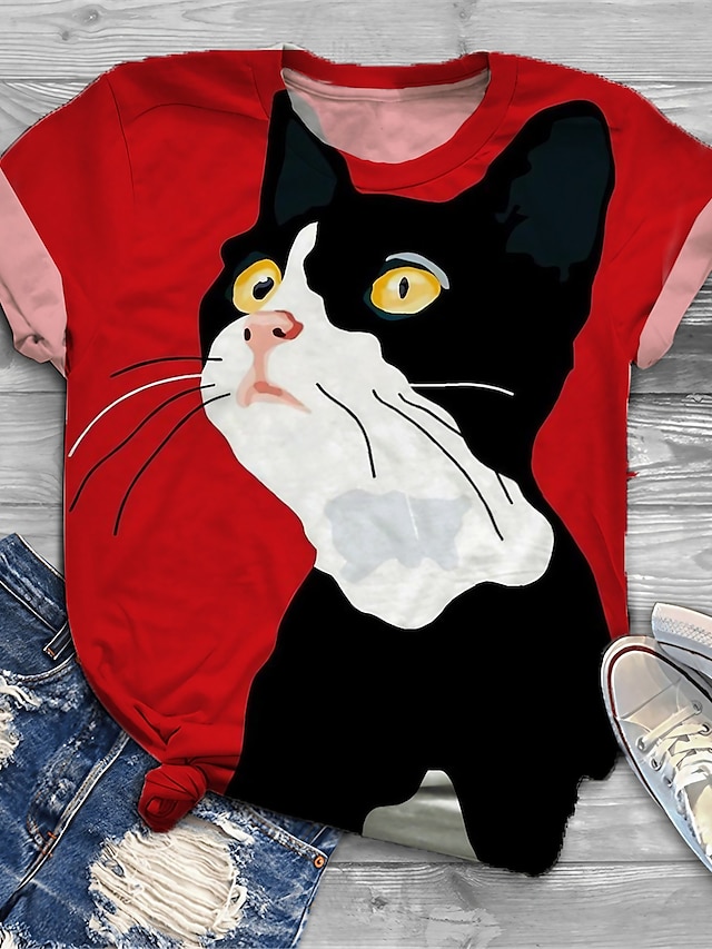  Women's Plus Size Tops T shirt Tee Cat Graphic Patterned Short Sleeve Print Basic Essential Crewneck Cotton Spandex Jersey Daily Holiday Red