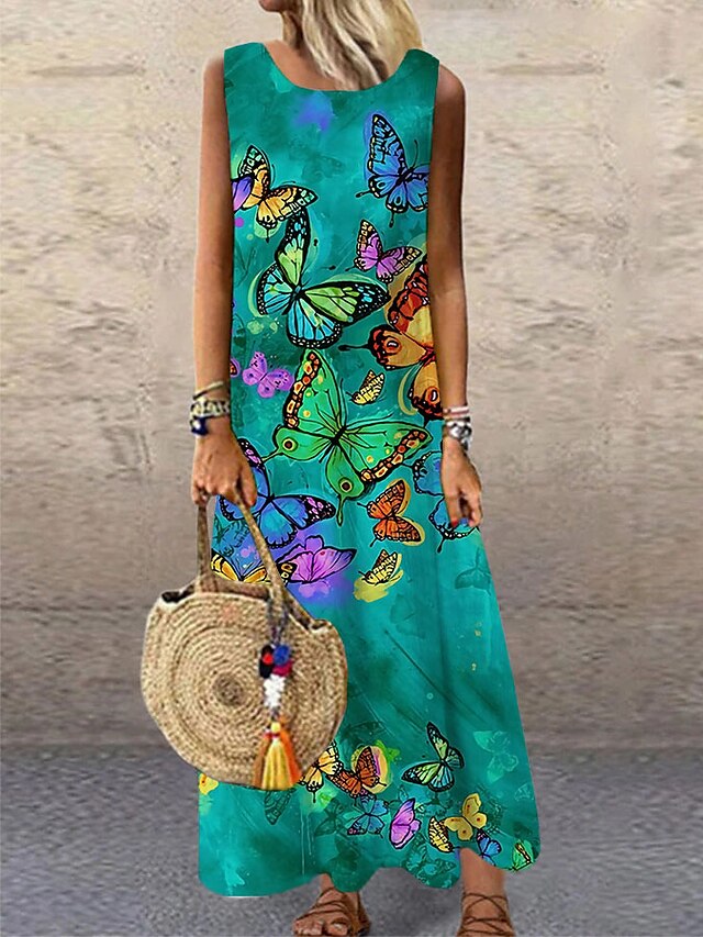 Womens Clothing Womens Dresses | Womens Shift Dress Maxi long Dress Green Light Blue Sleeveless Print Animal Print Spring Summer