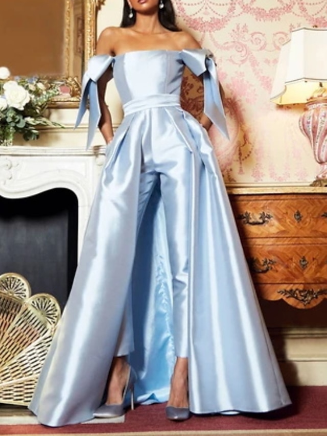  Ολόσωμη φόρμα Βραδινά φορέματα Κομψό Φόρεμα Επισκέπτης γάμου Αρραβώνας Μακρύ Αμάνικο Ώμοι Έξω Σατέν με Φιόγκος(οι) 2024