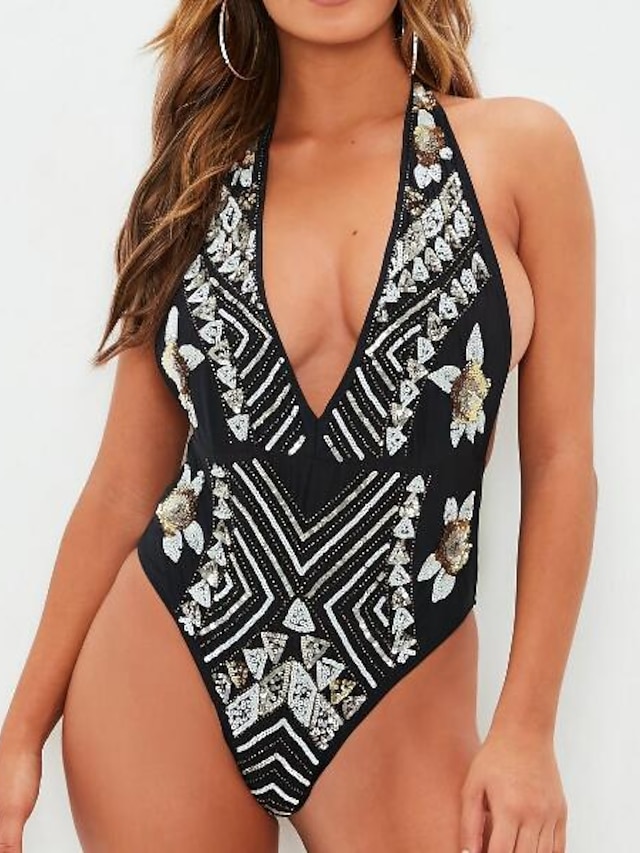  Women's Swimwear One Piece Monokini Normal Swimsuit High Waist Open Back Print Cross Geometric Abstract Black Padded Strap Bathing Suits New Vintage Textured