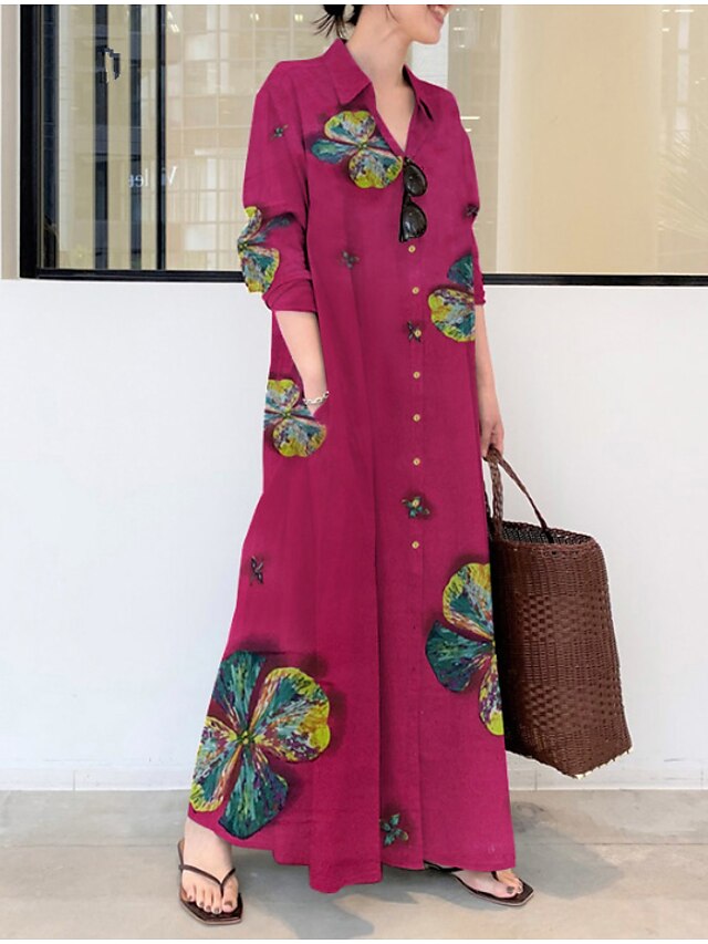 Womens Clothing Womens Dresses | Womens Loose Maxi long Dress Long Sleeve Floral / Botanical Button Spring Summer Vintage Casual