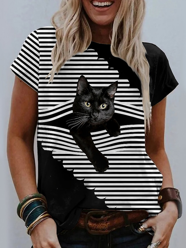  Women's T shirt Tee Black White Light Grey Graphic Cat Print Short Sleeve Casual Daily Cute Vintage Round Neck Regular 3D Cat S