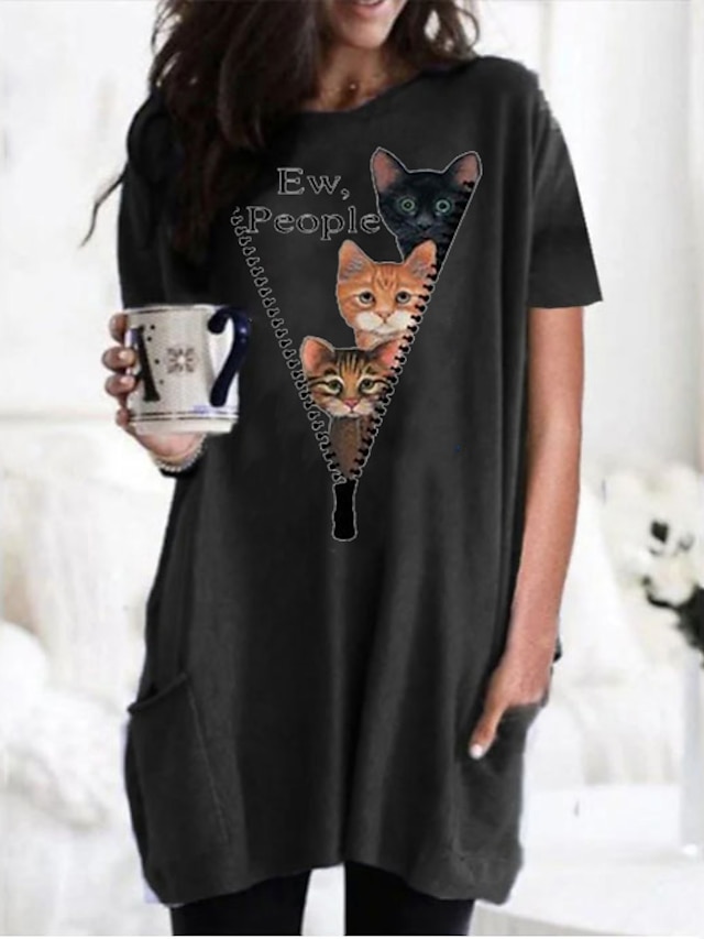 Womens Clothing Womens Tops | Womens Daily T shirt Dress Tunic Cat Graphic 3D Short Sleeve Round Neck Basic Tops Black Gray Wine