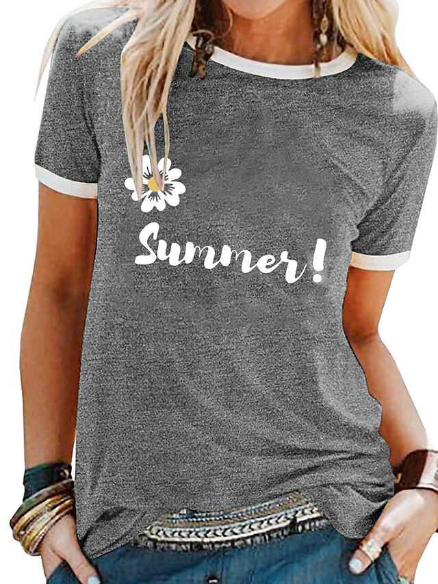 Womens Clothing Womens Tops | Womens Daily T shirt Tee Letter Short Sleeve Round Neck Tops Green Black Blue S / Summer - JK83505