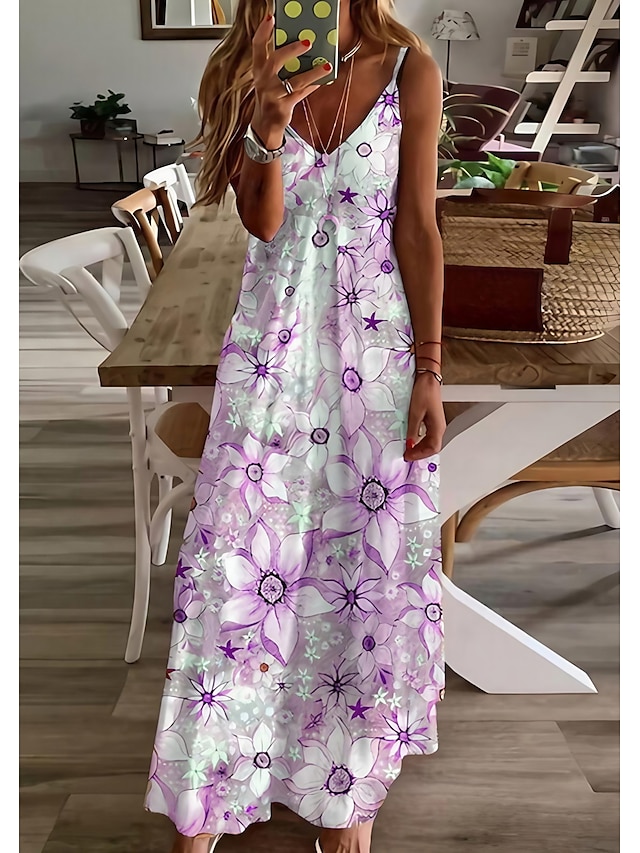 Womens Clothing Womens Dresses | Womens Swing Dress Maxi long Dress Purple Pink Yellow Sleeveless Floral Print Print Spring Summ