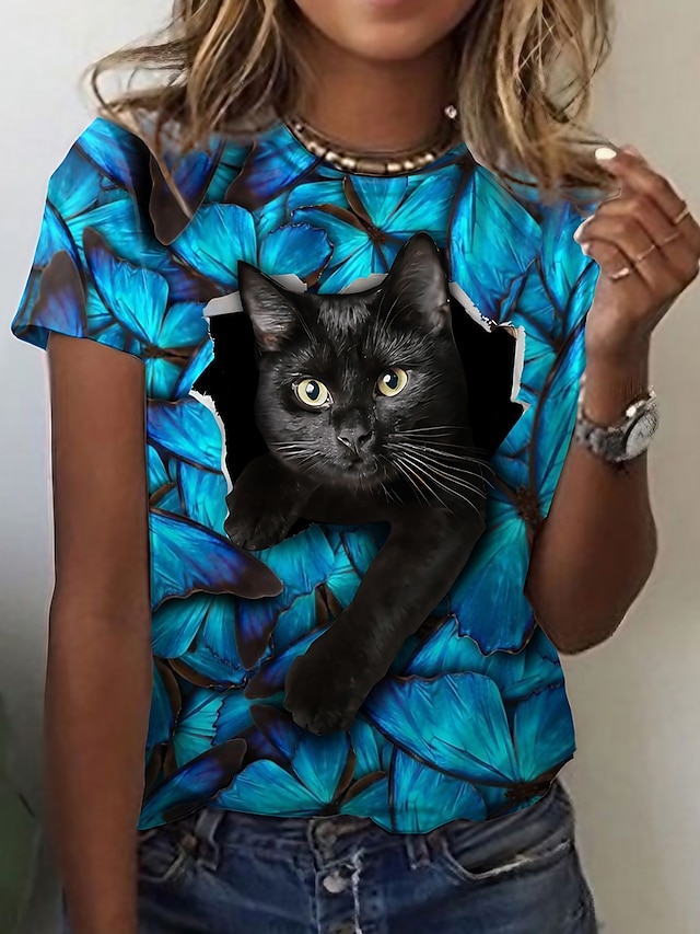  Women's T shirt Tee Blue Print Graphic Cat Daily Weekend Short Sleeve Round Neck Basic Regular 3D Cat S / 3D Print